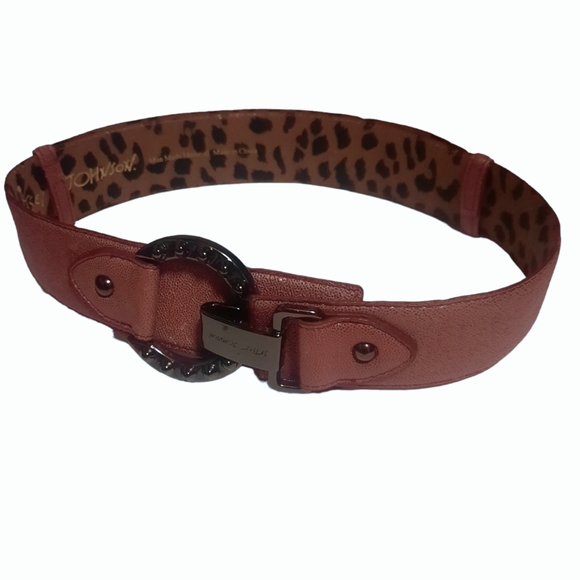 BETSEY JOHNSON Wide Shimmer Belt 2pc Latch Logo Buckle Closure O/S Dusty Rose - Picture 1 of 8